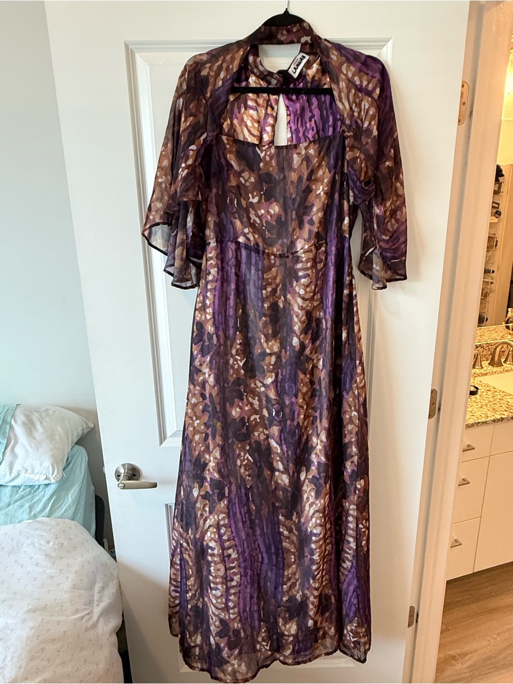 LAAGAM Sheer Purple Brown Printed Maxi Dress